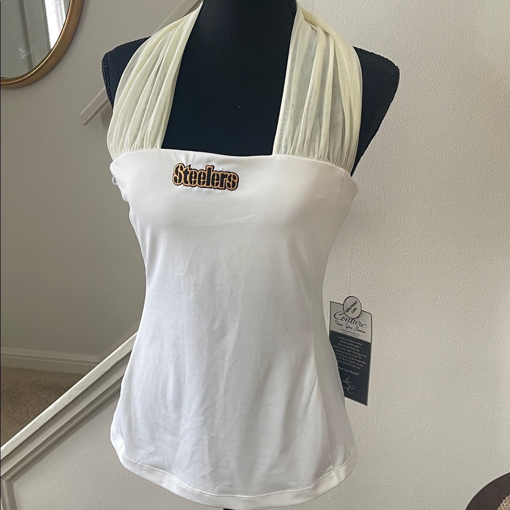 NFL Team Apparel All Sport Couture Women's White Halter Pittsburgh SteelersTop M